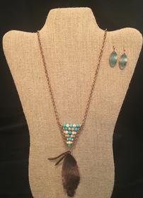 Turqoise feather necklace with feather earrings //280