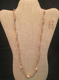 Peach leather and crystal bead necklace with earrrings //274