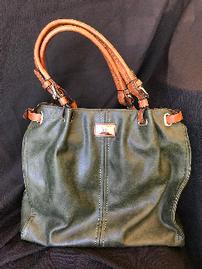 Simply Noelle large handbag, hunter green, with cognac leather handle30 202//269
