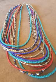 16 Strand Coral Turquoise, Pewter Beaded Necklace 192//280
