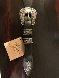 Maida's sterling silver 4-piece buckle set with a black Italian skin belt