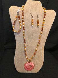 Amber & silver beaded necklace with enamelled shell pendant, bracelet and earring set 202//269