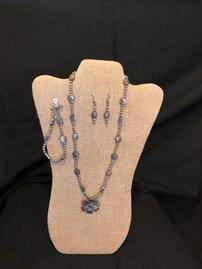 Pewter beaded necklace with floral pendant, bracelet and earring set 202//269