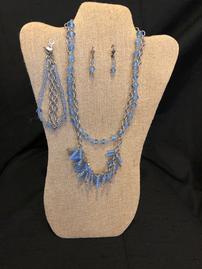 Cornflower blue elaborately beaded necklace, bracelet, & earring set 202//269