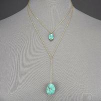 Gold  Two Stone Turquoise Drop Necklace 13" Length 202//202