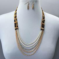 Leopard Print Faux Leather Fur Bead Necklace 202//202