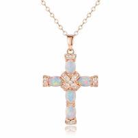 Rose Gold White Fire Opal Cross Necklace 202//202