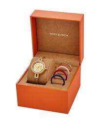 Tory Burch Reva bangle watch set; mother of pearl dial; 29 mm round. 202//253