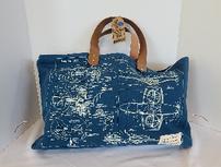 Airplane blue print oversized tote bag w/leather handles, 21