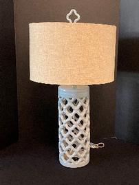 Blue ceramic lamp with tan linen shade, 28
