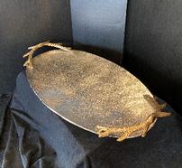 Hammered pewter oval tray w/gold tone handles, large 27