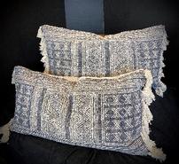Set of 2 oblong hand block printed decorative pillows, denim/canvas color 202//185