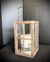 Glass & wooden hurricane lantern w/battery operated candle, 11