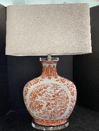 Arteriors orange & white porcelain w/lucite dragon lamp w/linen shade 202//269