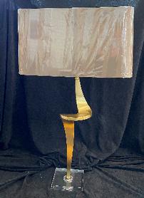 Antique brass finished metal sculptural lamp w/clear base & taupe linen shade 202//278