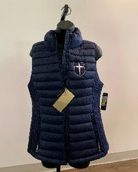 Tommy Hilfiger women's navy puffy vest embroidered w/Jesuit shield, size S/M 202//251