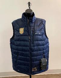 Eddie Bauer men's navy puffy vest w/Jesuit Dallas & shield, size M2248size 202//258