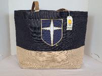 Khaki & navy jute tote bag w/leather straps & Jesuit shield 202//152