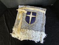 Navy/white chevron cotton knit throw embroidered w/Jesuit shield, 50