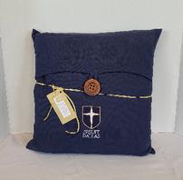 Navy throw pillow w/wood button accent embroidered w/Jesuit Dallas & shield 202//198