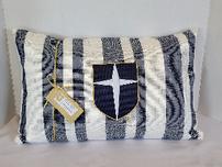 Blue/white stripe canvas pillow embroidered w/Jesuit shield, 14