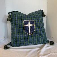 Blue/green/yellow plaid euro sham w/Jesuit shield & tassels, 22