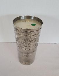 Pottery Barn punched metal candle pot with candle, 9