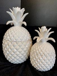 Set of 2 white ceramic pineapple jars,1 large, 1 medium size 202//269