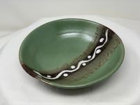 Shallow soup bowl, green with white design 202//152