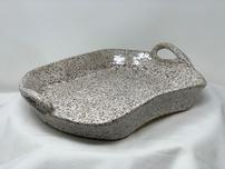 White speckled serving platter with teardrop handles 202//152