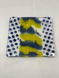 Clear glass plate with blue dots and yellow waves 202//269