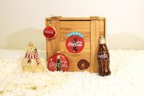 Collectible 4 piece Glass Coca-Cola Ornament Set in wooden crate 202//135