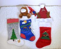 3 Decorated Christmas Stockings and Santa Hat with Antlers 202//162