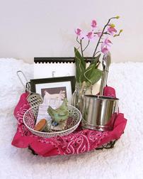 Kitchen Basket with cookbook,  utensils and chickens 202//252