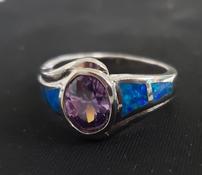 Sterling Silver Austrian Blue Opal and Amethyst Ring Size  6.5 202//175