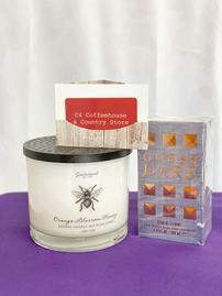 Candle, TWO Coffeehouse certificates, and Cologne Gift Basket
