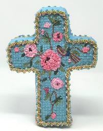 Floral standing needlepoint cross with birds handmade by SJ Needlepointers 202//256