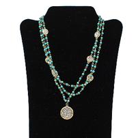Turquoise beaded, multi-strand necklace with cross coin pendants 202//202
