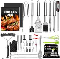 34-piece stainless steel BBQ grill tool set with carry bag, thermometer, mats 202//199