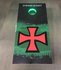 Set of Strake Jesuit corn hole boards with bean bags, LED lights around hole 202//231