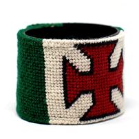 Needlepointed leather cuff featuring the SJ cross with a snap closure 202//202