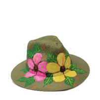 Green hand-painted yellow and pink floral straw hat 202//202