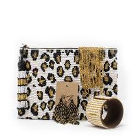 Silver and gold set: white cheetah clutch, Greek key cuff, crystal gold wrap 202//202