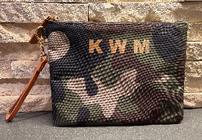 Custom camo clutch with your initials in gold foil with a leather wristlet 202//140