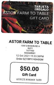 Astor Farm to Table $50 Gift Card 177//280