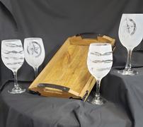 Rustic Wooden Tray with Metal Accents and 2 Frosted Barbwire and 2 Frosted Star Wine Glasses 202//180