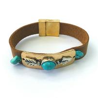Turquoise Gemstone and Bronze Band on Faux Brown Leather Bracelet 202//202