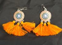 Red Brown and Blue Gemstone Silver Earrings with Orange Tassels 202//148