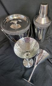 2 Silver Martini Glasses with Silver Studded Ice Bucket and Cocktail Shaker 171//280
