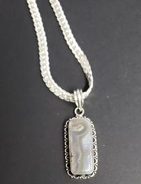 Rectangle White and Gray Agate Pendant on Sterling Silver Herringbone Necklace 202//264